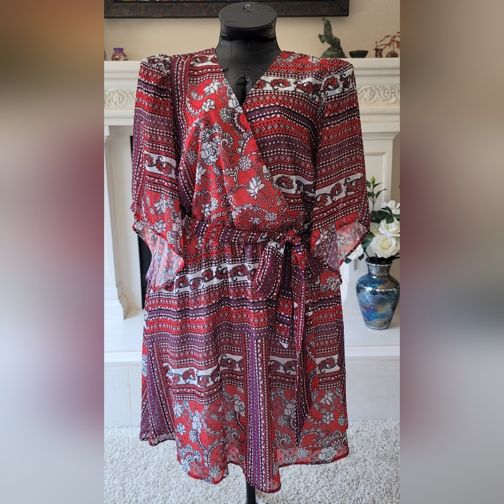 Elegant Red Patterned Faux Wrap Dress